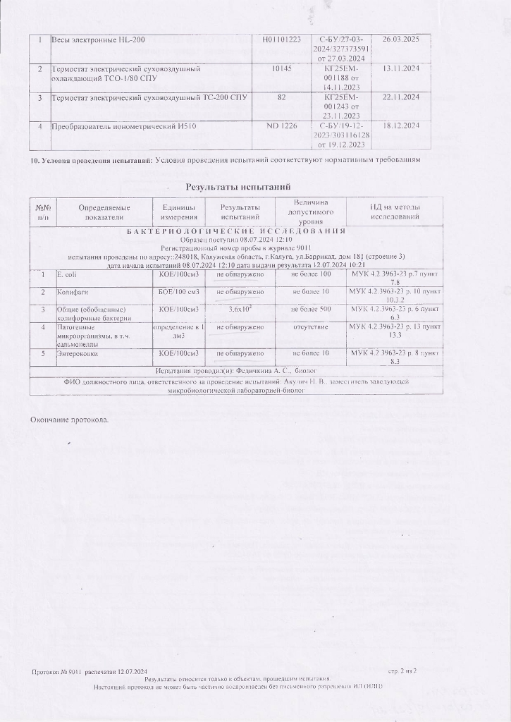 Протокол испытаний № 9011 от 12.07.2024